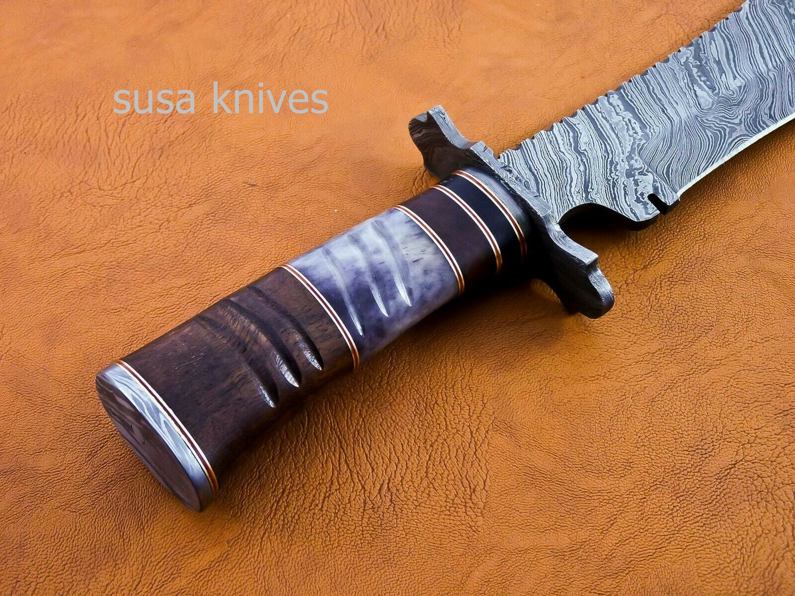 Handmade Damascus Steel Bowie Knive - Cammel Bone & Rose Wood Handle - SUSA KNIVES