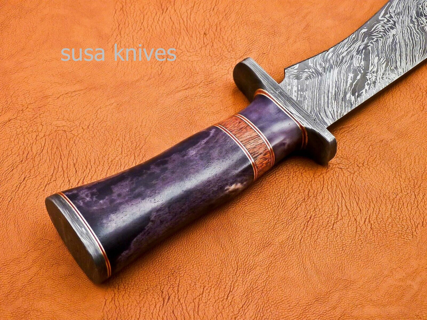 Handmade Damascus Steel Bowie Knive - Cammel Bone & Rose Wood Handle - SUSA KNIVES