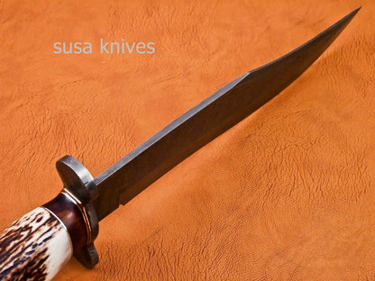 Handmade Damascus Steel Bowie Knive - Stag & Rose Wood Handle - SUSA KNIVES