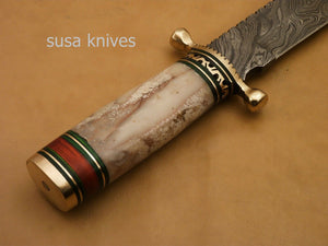 Custom Handmade Damascus Steel Hunting Bowie Knife with Colored Bone - SUSA KNIVES