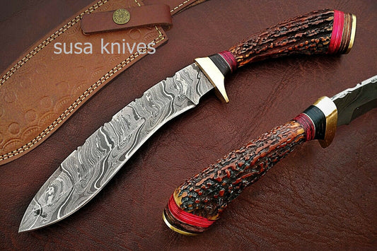 Custom Handmade Damascus Steel Kukri Style Hunting Knife with Stag Handle - SUSA KNIVES
