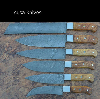 Damascus steel  6 piece CHEF KNIFE SET, OLIVE WOOD handle - SUSA KNIVES