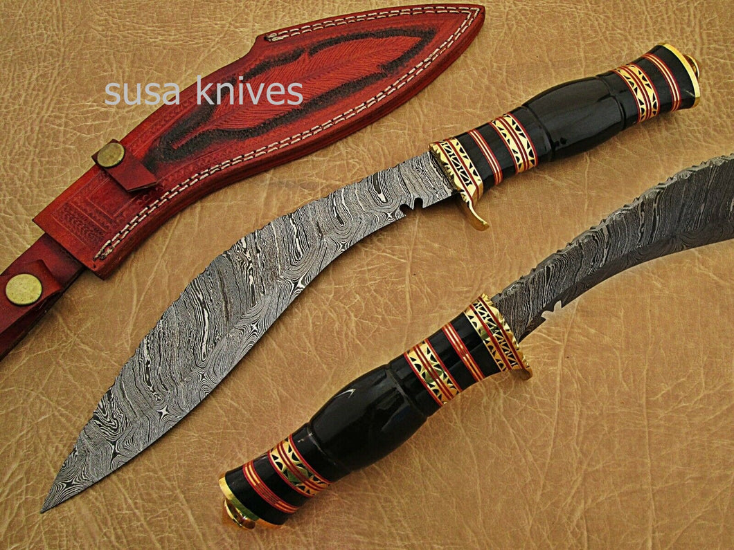 Damascus steel hunting Kukri knife BRASS GUARD Buffalo Horn. - SUSA KNIVES