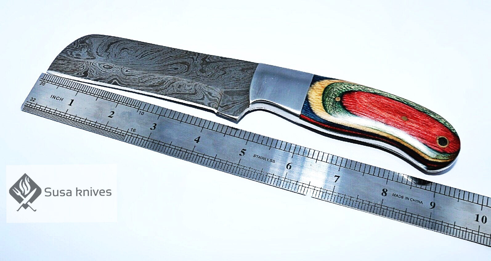 HAND FORGED DAMASCUS STEEL BULL CUTTER/COWBOY KNIFE & PUKKA WOOD HANDLE - SUSA KNIVES