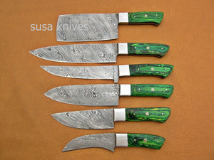 CUSTOM HANDMADE DAMASCUS STEEL CHEF SET/KITCHEN KNIVES 6 PCS ,GREEN MICARTA - SUSA KNIVES
