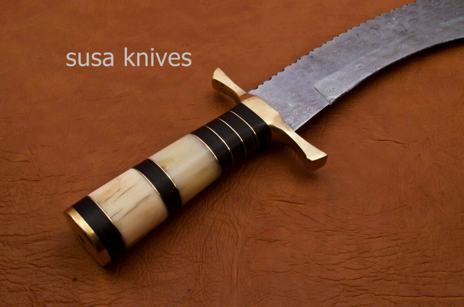 Handmade Damascus Steel Bowie Knive - Camel Bone & Micarta Handle - SUSA KNIVES