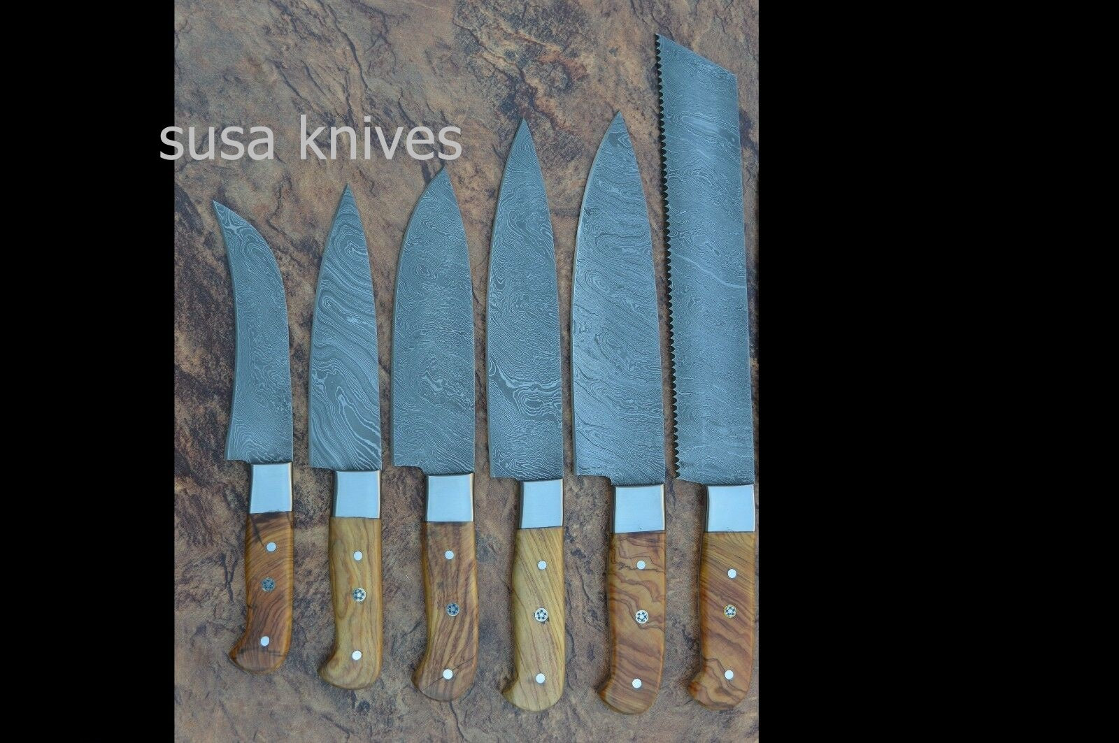 Damascus steel  6 piece CHEF KNIFE SET, OLIVE WOOD handle - SUSA KNIVES