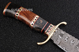 DAMASCUS STEEL BLADE HUNTING BOWIE KNIFE,WOOD HANDLE .,OVERALL 13.5"INCH - SUSA KNIVES