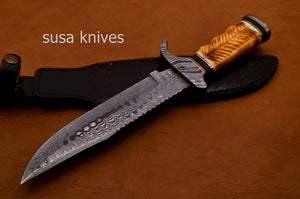 Handmade Damascus Steel Bowie Knive -Cammel Bone & Rose Wood Handle - SUSA KNIVES