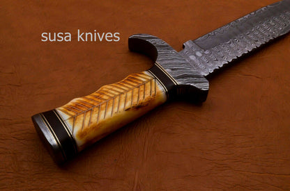 Handmade Damascus Steel Bowie Knive -Cammel Bone & Rose Wood Handle - SUSA KNIVES