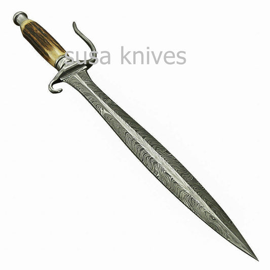 Beautiful Custom Handmade Damascus Steel Sword [Sheath] Stag Horn Handle - SUSA KNIVES