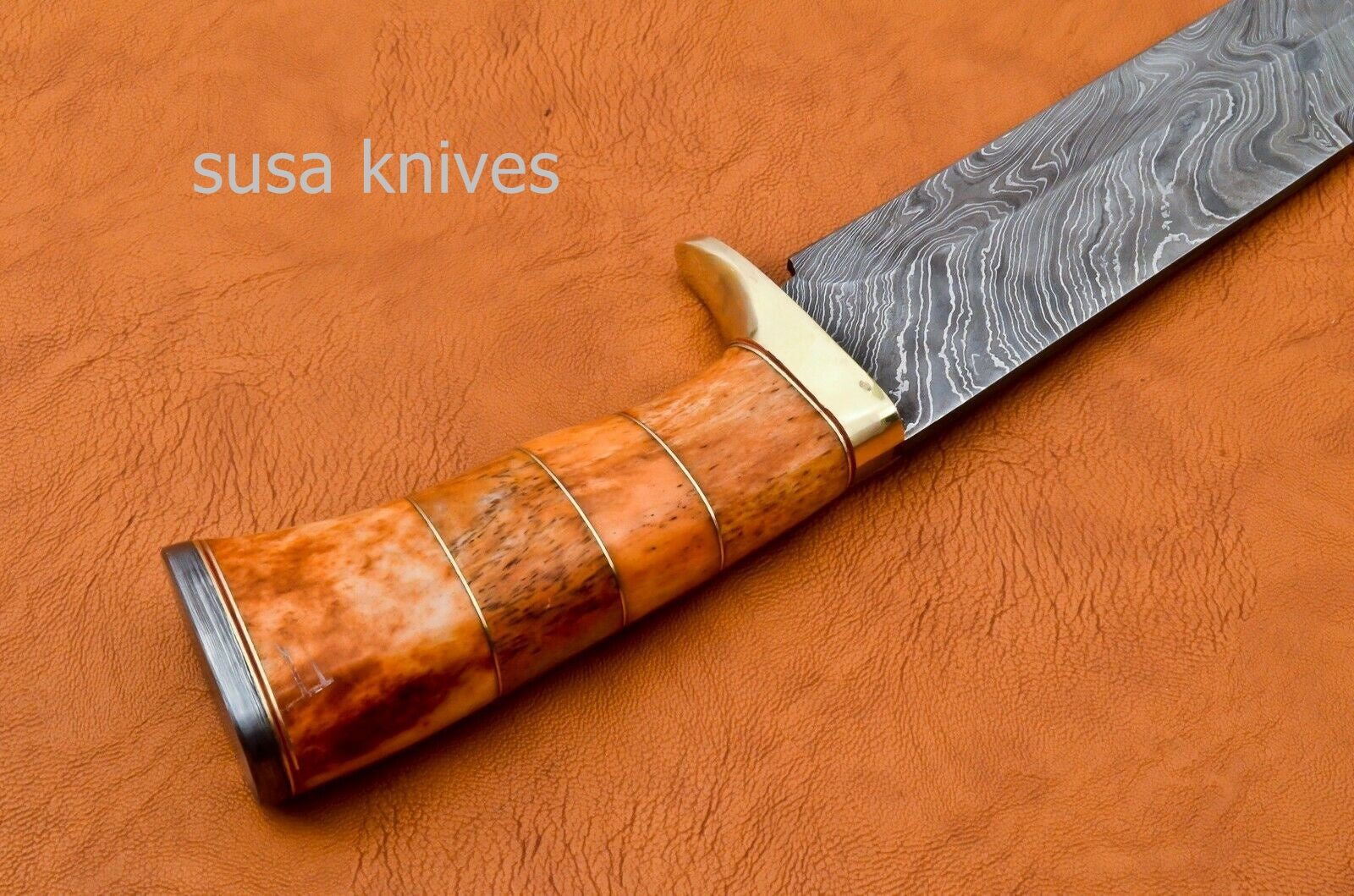 Handmade Damascus Steel Bowie Knive - Coloured Cammel Bone Handle - SUSA KNIVES