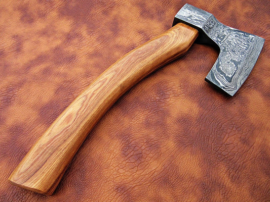 HANDMADE DAMASCUS STEEL TACTICAL HATCHET AXE WALNUT WOOD WITH LEATHER SHEATH - SUSA KNIVES