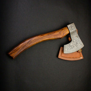 CUSTOM HAND FORGED DAMASCUS STEEL BURL WOOD CAMPING AXE WITH LEATHER SHEATH - SUSA KNIVES