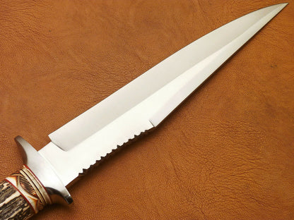 CUSTOM HAND MADE D2 BOWIE HUNTING KNIFE - FIGHTER KNIFE - STAG ANTLER HANDLE - SUSA KNIVES