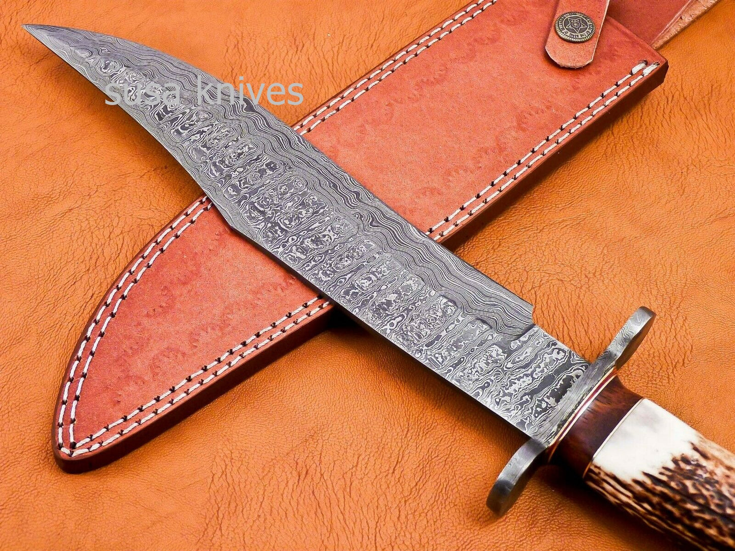 Handmade Damascus Steel Bowie Knive - Stag & Rose Wood Handle - SUSA KNIVES