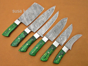 CUSTOM HANDMADE DAMASCUS STEEL CHEF SET/KITCHEN KNIVES 6 PCS ,GREEN MICARTA - SUSA KNIVES