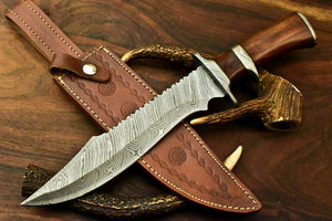 Custom Handmade Damascus Steel Bowie Knife | Sheath | Natural Rose Wood Handle - SUSA KNIVES
