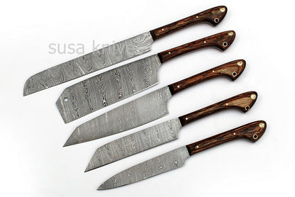 Custom Handmade Damascus Kitchen Knife Chef Knives Set -Brown- 5pcs. - SUSA KNIVES