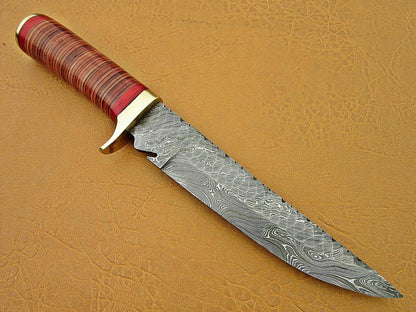 Custom Handmade Damascus Steel Hunting knife with Sheath" Leather Roll Handle - SUSA KNIVES