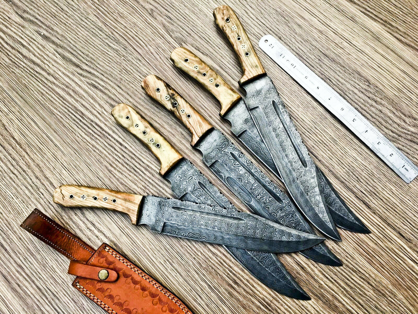 Lot of 5 Handmade Damascus Steel Bowie Knives & Sheaths | Olive Wood Handle - SUSA KNIVES