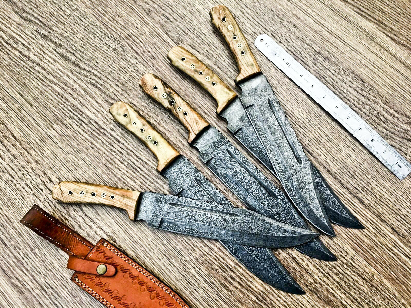 Lot of 5 Handmade Damascus Steel Bowie Knives & Sheaths | Olive Wood Handle - SUSA KNIVES