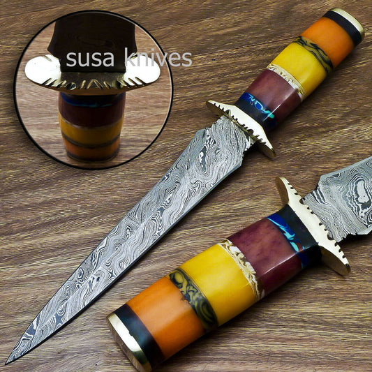 Stunning CUSTOM HAND FORGED DAMASCUS DAGGER HUNTING KNIFE CAMEL BONE - SUSA KNIVES