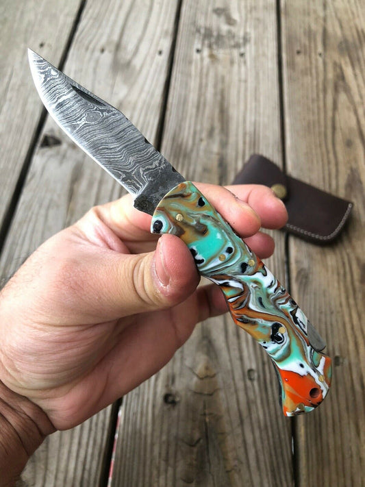 Custom HAND FORGED DAMASCUS STEEL Folding Pocket Knife W/ Back Lock - SUSA KNIVES