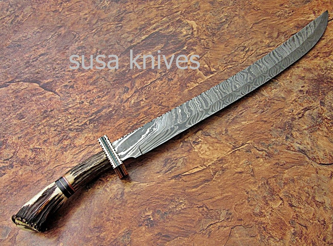 CUSTOM HAND MADE DAMASCUS STEEL HUNTING SWORD KNIFE - SUSA KNIVES