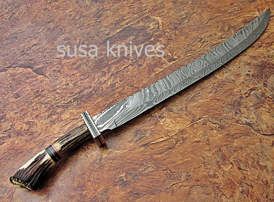 CUSTOM HAND MADE DAMASCUS STEEL HUNTING SWORD KNIFE - SUSA KNIVES