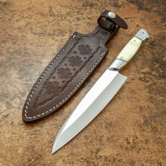 CUSTOM HANDMADE CHEF KITCHEN KNIFE D2 STEEL BEAUTIFUL CAMEL BONE -LEATHER SHEATH - SUSA KNIVES