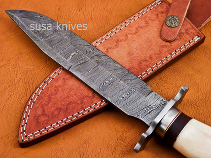 Handmade Damascus Steel Bowie Knive - Cammel Bone & Rose Wood Handle - SUSA KNIVES