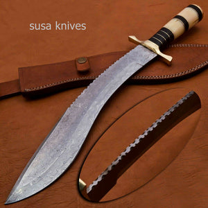 Handmade Damascus Steel Bowie Knive - Camel Bone & Micarta Handle - SUSA KNIVES