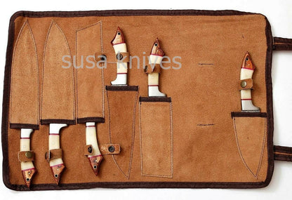 Custom made damascus steel 6Pc's kitchen/chef knife set with Leather rol bag - SUSA KNIVES