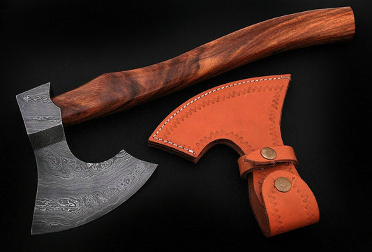 CUSTOM HAND FORGED DAMASCUS STEEL WALNUT WOOD TOMAHAWK AXE WITH LEATHER SHEATH - SUSA KNIVES