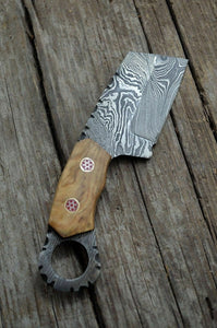 [SUSA KNIVES] CUSTOM HANDMADE DAMASCUS STEEL OLIVE WOOD MINI CLEAVER POCKET KNIFE - SUSA KNIVES