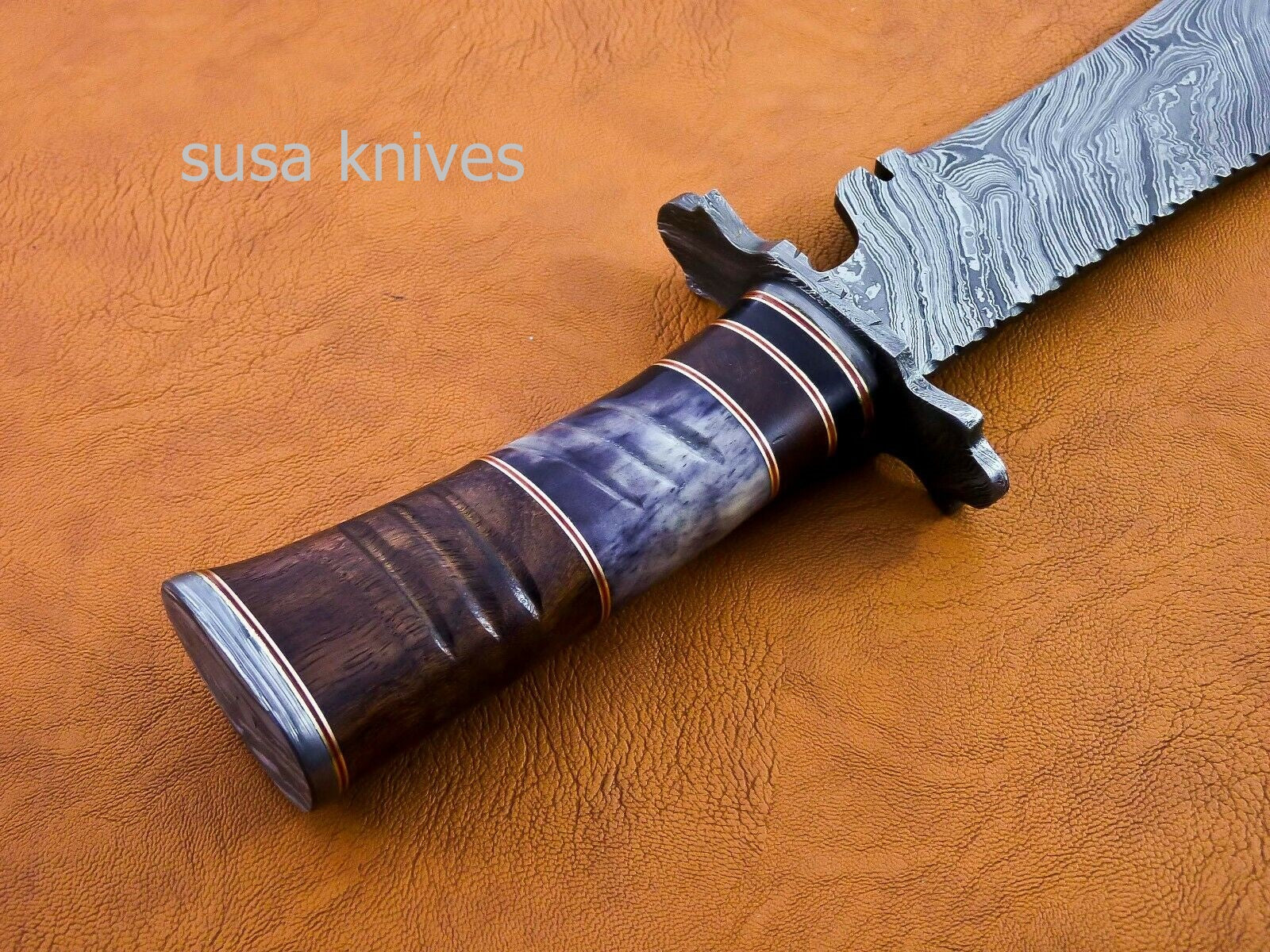 Handmade Damascus Steel Bowie Knive - Cammel Bone & Rose Wood Handle - SUSA KNIVES