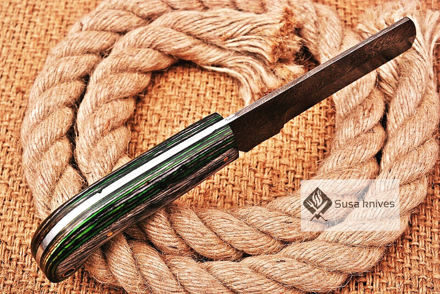 HAND FORGED DAMASCUS STEEL BULL CUTTER/COWBOY KNIFE & PUKKA WOOD HANDLE - SUSA KNIVES