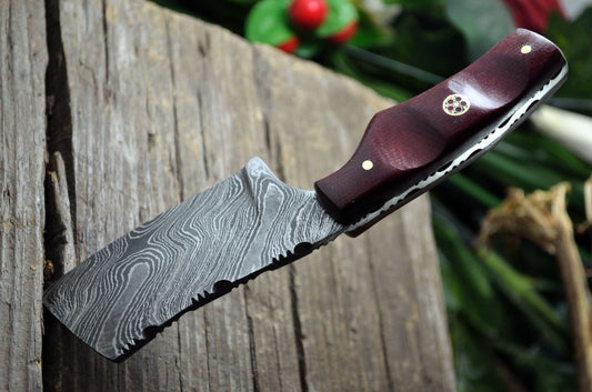 MINI POCKET CLEAVER HAND FORGED DAMASCUS STEEL CUSTOM HUNTING KNIFE WITH SHEATH - SUSA KNIVES