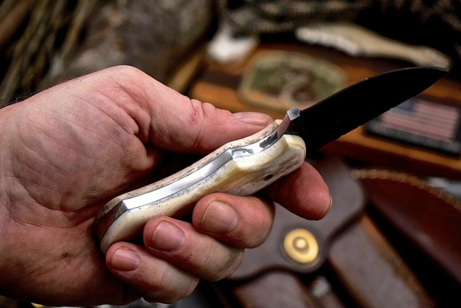 Handmade Raindrop Damascus Custom Camel Bone Small Skinning Utility Knife - SUSA KNIVES