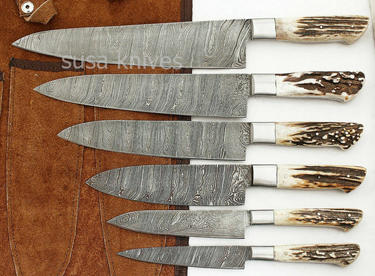 CUSTOM MADE DAMASCUS BLADE 6Pc's. KITCHEN KNIVES SET-Stag Case Roll Bag - SUSA KNIVES
