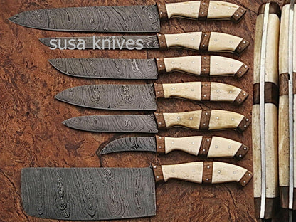 CUSTOM MADE DAMASCUS BLADE KITCHEN/CHEF KNIFE 07 PC'S SET - SUSA KNIVES