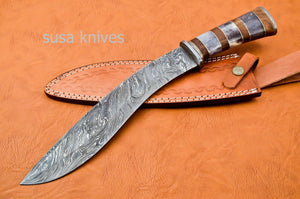 Handmade Damascus Steel Bowie Knive - Cammel Bone & Rose Wood Handle - SUSA KNIVES