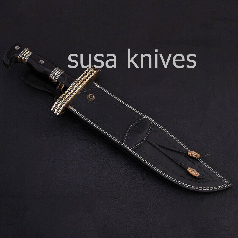 CUSTOM HANDMADE DAMASCUS STEEL COLLECTIBLE BOWIE KNIFE WITH LEATHER SHEATH - SUSA KNIVES