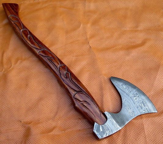 HANDMADE CARVED HANDLE DAMASCUS STEEL VIKING AXE WITH SHEATH - SUSA KNIVES