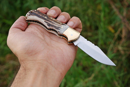 HAND FORGED D2 STEEL BackLock Folding Knife W/Stag & Brass Bolster Handle - SUSA KNIVES
