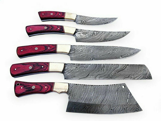 Set Of 5 Beautiful Handmade Damascus Steel Chef Knives With Leather Bag - SUSA KNIVES