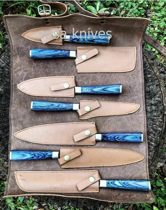 Handmade Custom Damascus Steel 7 Piece Kitchen Knife Set- Chef's Knife Set - SUSA KNIVES