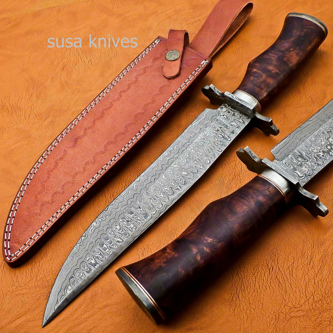 Handmade Damascus Steel Bowie Knive - Rose Wood Handle - SUSA KNIVES