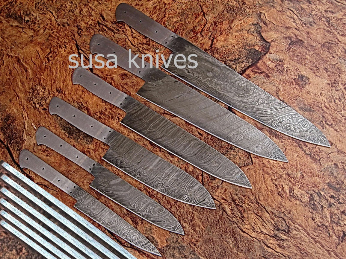 CUSTOM HAND MADE DAMASCUS BLANK BLADE 6 PCS KITCHEN/CHEF KNIFE SET - SUSA KNIVES